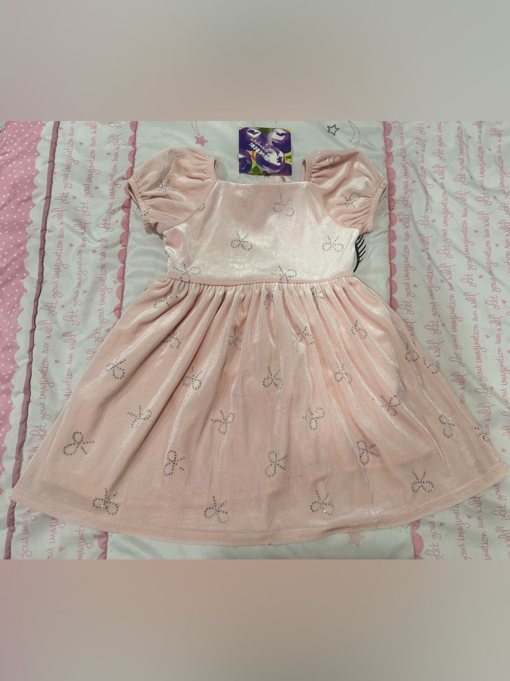 3T, Blueberi Boulevard Peach Velvet Shimmer Bow Print Dress NWT
